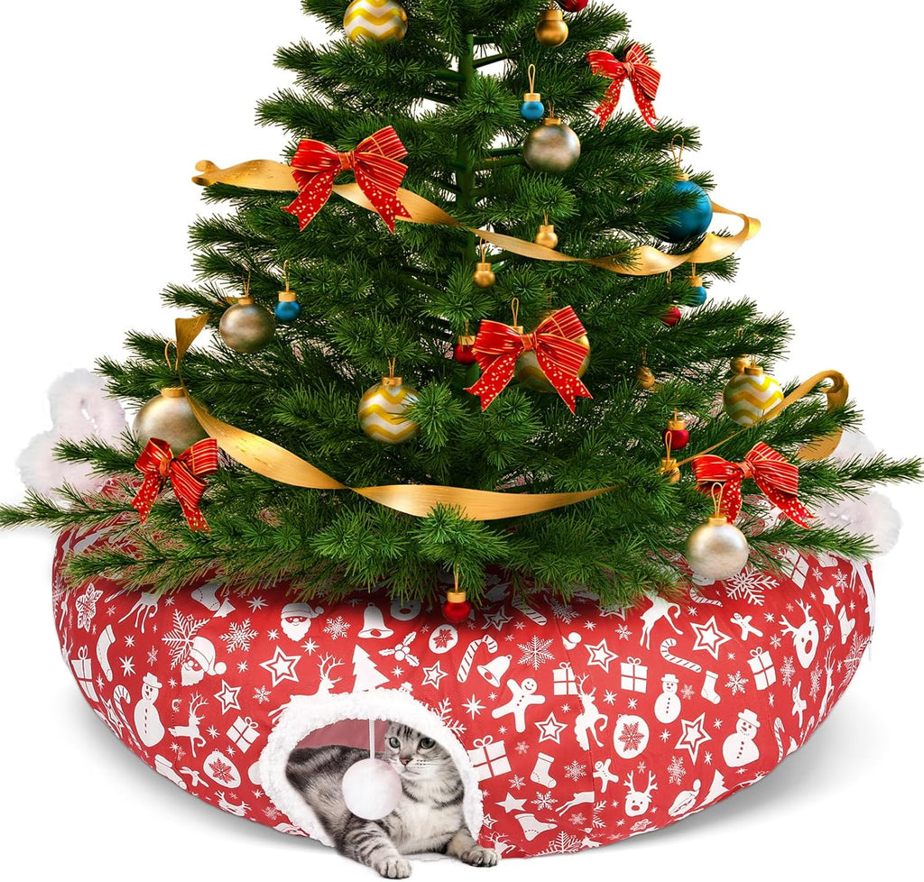 Cat Tunnel Bed Christmas Tree Skirt for Indoor Cats, Maansfy Large Peekaboo Cat Cave Decorative Christmasn Donut Tunnel Tube Playground Toys for Kitten Medium Large Cat (Red)