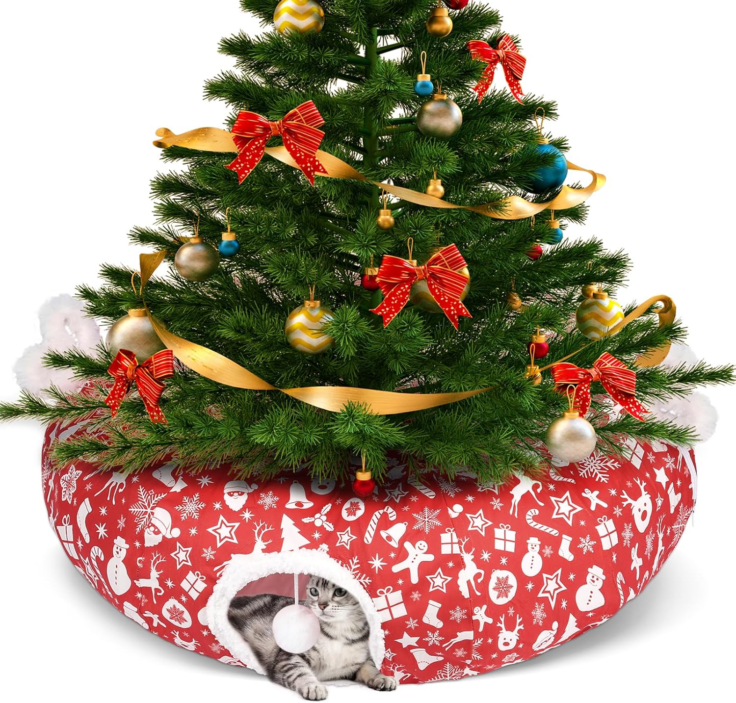 Cat Tunnel Bed Christmas Tree Skirt for Indoor Cats, Maansfy Large Peekaboo Cat Cave Decorative Christmasn Donut Tunnel Tube Playground Toys for Kitten Medium Large Cat (Red)