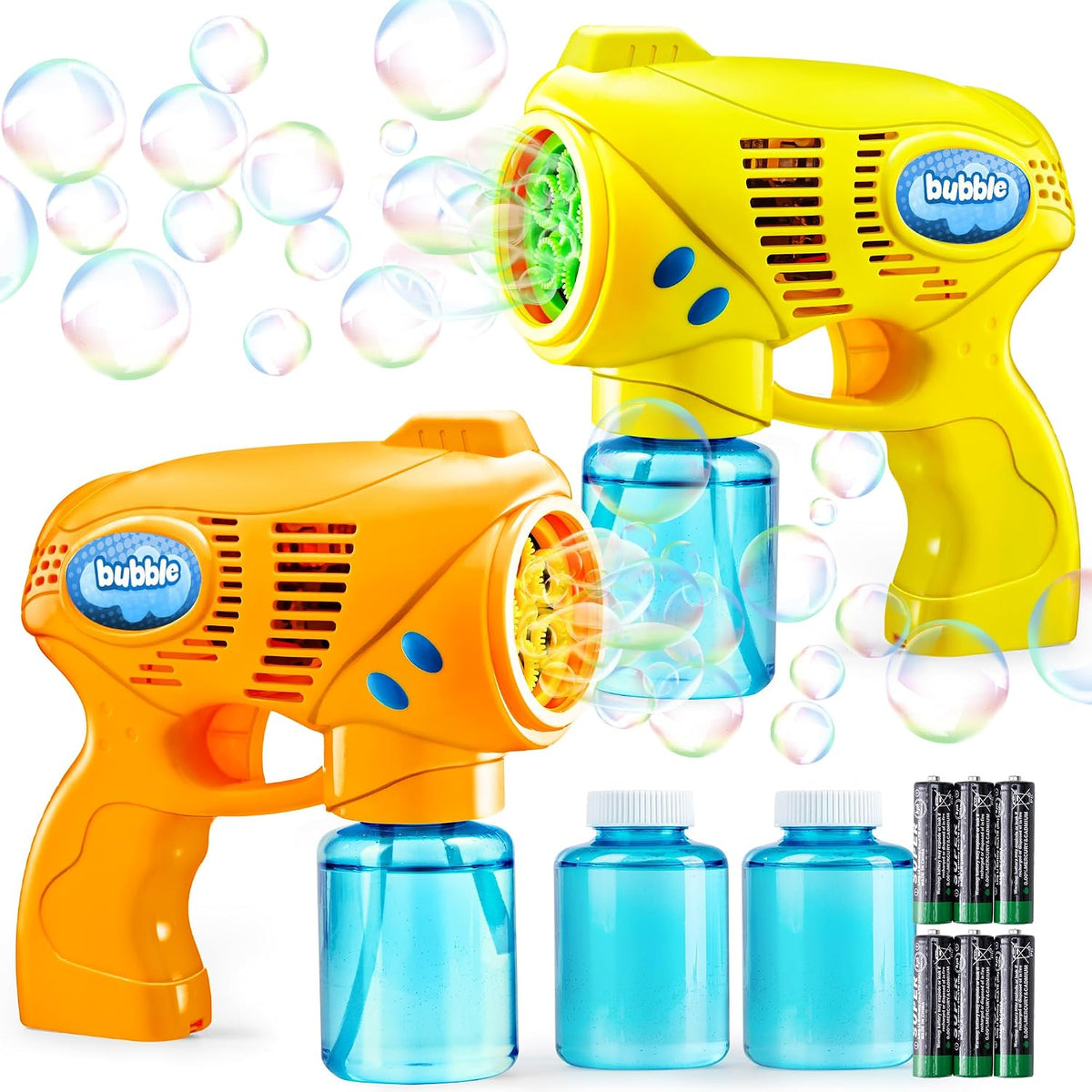 Pistolas de Burbujas JOYIN 2 con Solución de Recarga 2 (296 ml Total), Fabricante de Burbujas, Soplador para Niños, Pequeños, Actividades Exterior, Regalo de Cumpleaños, Relleno Pascua (Amarillo+Naranja)