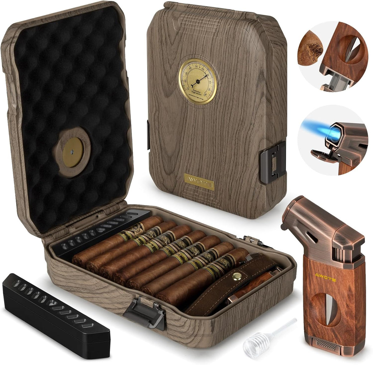 Estuche humidor de viaje para puros AWOTE - Forrado en cedro, cortador en V, humidor portátil con humidificador e higrómetro, capacidad para 7-9 puros, incluye encendedor - Set de regalo