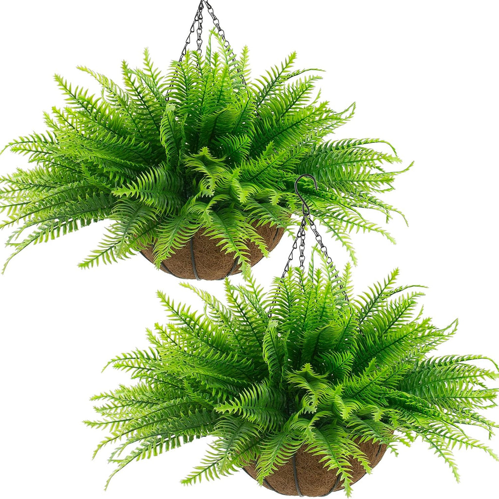 Lovemoon Cestas de plantas de helechos artificiales, 2 plantas colgantes artificiales, 2 macetas colgantes con 24 hojas para decoración de interiores y exteriores, para porche, jardín, balcón, patio y hogar (2, verde claro)