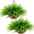 Lovemoon Cestas de plantas de helechos artificiales, 2 plantas colgantes artificiales, 2 macetas colgantes con 24 hojas para decoración de interiores y exteriores, para porche, jardín, balcón, patio y hogar (2, verde claro)