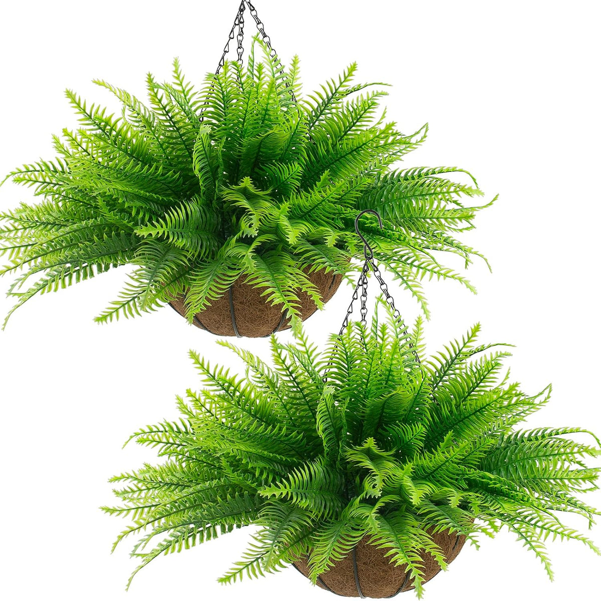 Lovemoon Cestas de plantas de helechos artificiales, 2 plantas colgantes artificiales, 2 macetas colgantes con 24 hojas para decoración de interiores y exteriores, para porche, jardín, balcón, patio y hogar (2, verde claro)