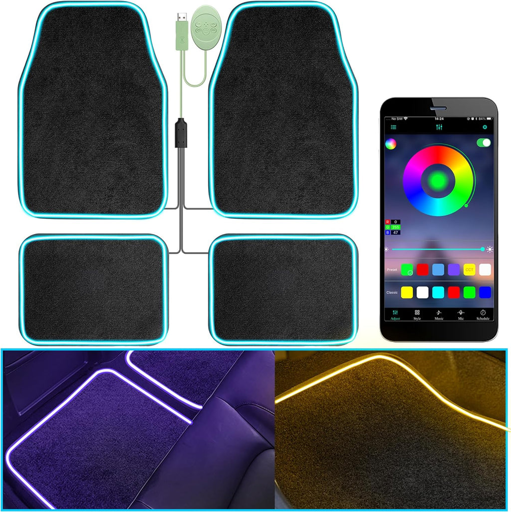 Tapetes de Auto Suaves con Tira LED | Ajuste Universal Negro | Luz Interior Controlada por App | Antideslizantes e Impermeables RGB | Para SUV, Camionetas y Sedanes