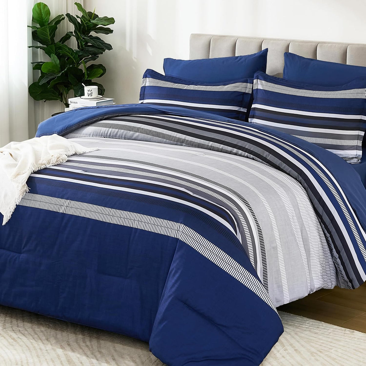 Dobuyly Navy Blue Comforter Set Twin Size Bed in a Bag 5 Piece, Classic Striped Bed Bedding Set with Sheets Soft Microfiber All Season for Teen Boys