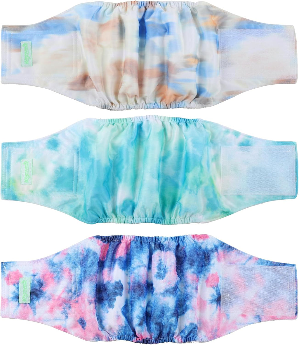 wegreeco Faja Lavable para Perro Macho | Paquete de 3, Panales Reutilizables con Estampado | Banda Abdominal, Tie-Dye Cielo, Grande