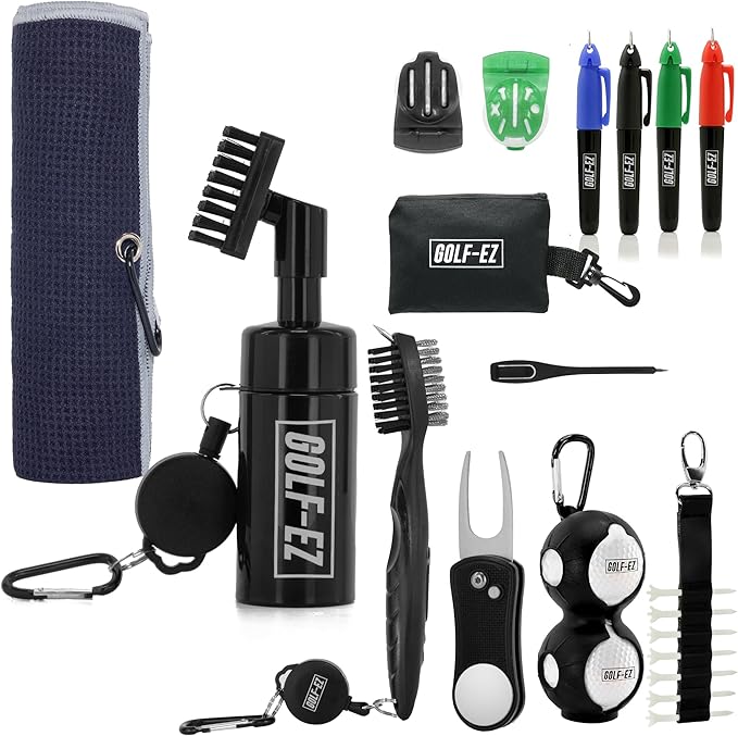 Golf-EZ Kit esencial de golf | Accesorios imprescindibles para golf - cepillo de agua de golf, toalla de golf, cepillo para palos de golf, marcador de pelota de golf