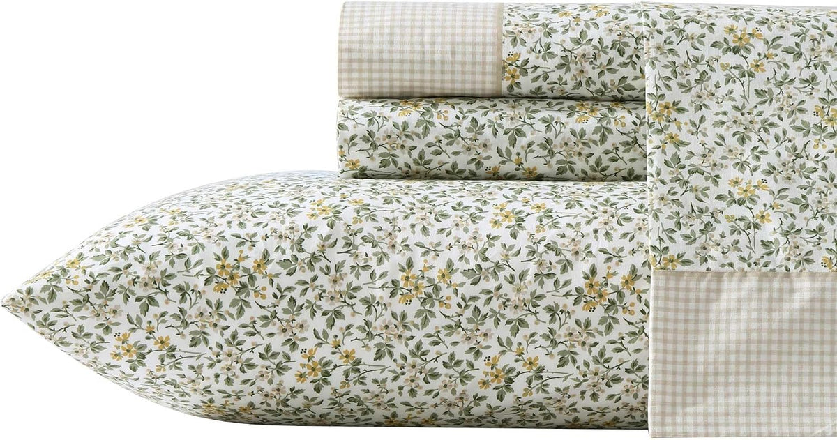 Laura Ashley - Juego de sábanas tamaño Queen, ropa de cama de algodón percal transpirable con bolsillos profundos, decoración elegante para el hogar, certificado Oeko-Tex