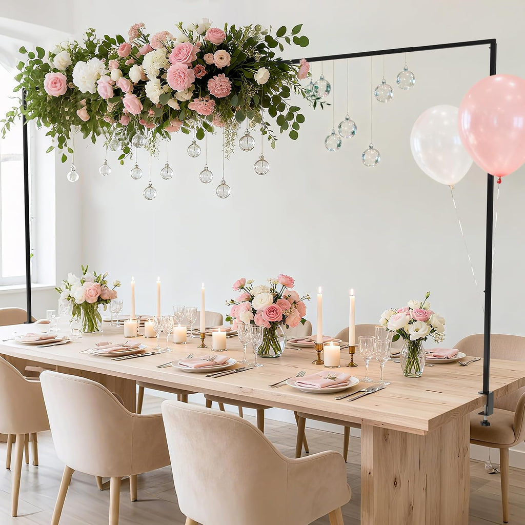 Soporte de mesa Fomcet con abrazaderas, de 33 a 107 cm de alto y de 74 a 250 cm de largo, de metal negro, ajustable, para colgar en la mesa, ideal para bodas, fiestas de cumpleaños, Navidad y aniversarios.