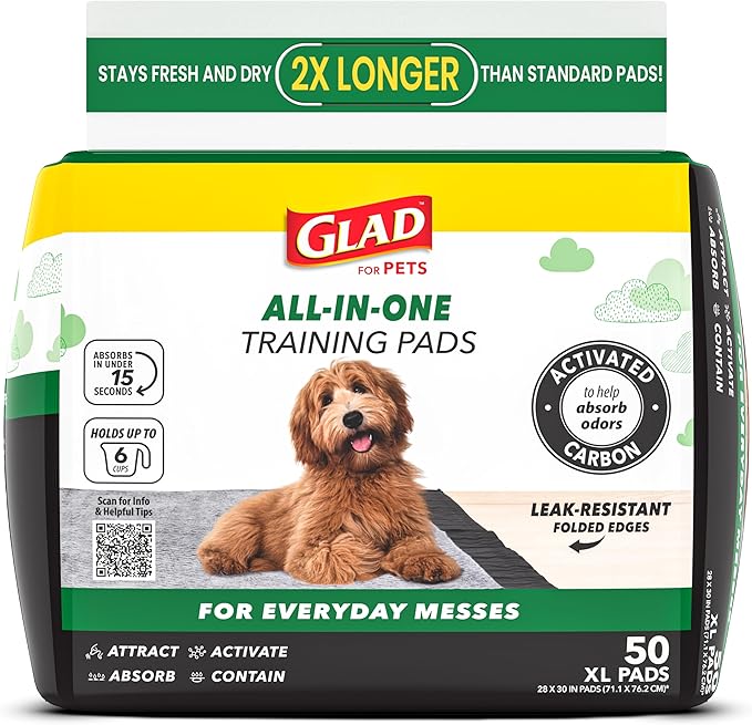 Glad para Mascotas Almohadillas para Cachorros de Carbón JUMBOSIZE/XL, Almohadillas de Entrenamiento Negras AllinOne que ABSORBEN y Neutralizan la Orina al Instante Calidad Nueva y Mejorada, 50