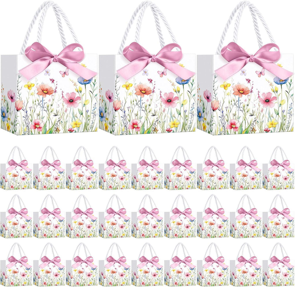 Moinchore 30 Bolsas de Regalo de Papel con Diseño de Flores Silvestres, Paquete de 5.5 x 4.7 x 2.5 pulgadas, Mini Bolsas Florales con Asas, Lazo y Cinta para Regalos de Primavera, Verano, Cumpleaños, Bodas, Hogar, Despedida de Soltera y Jardinería