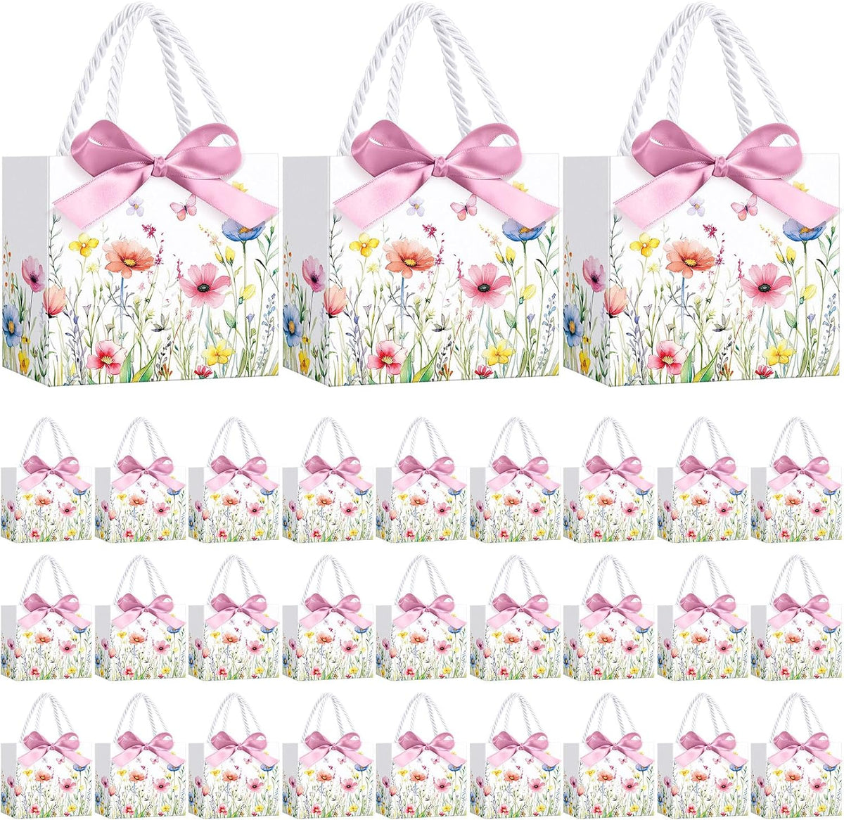 Moinchore 30 Bolsas de Regalo de Papel con Diseño de Flores Silvestres, Paquete de 5.5 x 4.7 x 2.5 pulgadas, Mini Bolsas Florales con Asas, Lazo y Cinta para Regalos de Primavera, Verano, Cumpleaños, Bodas, Hogar, Despedida de Soltera y Jardinería