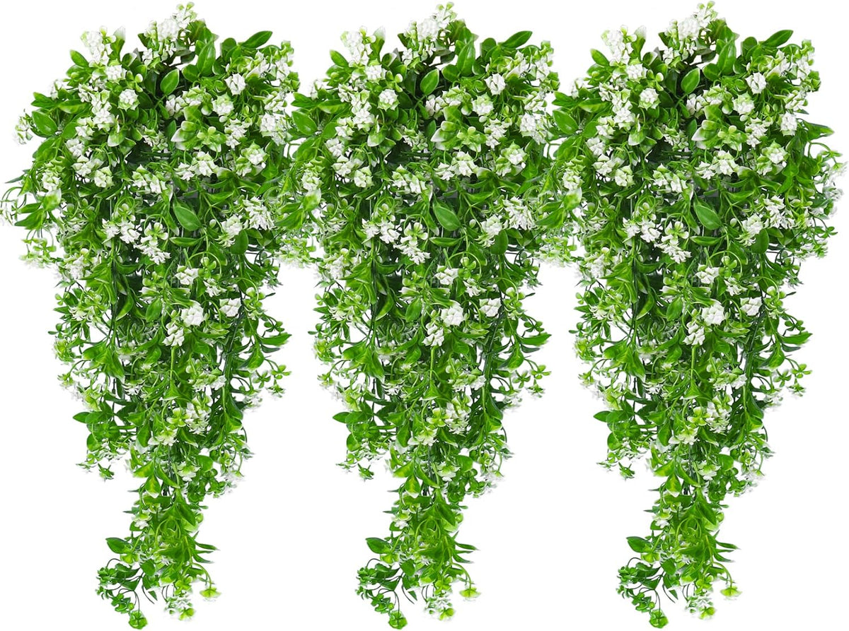 Plantas colgantes artificiales SJL enredadera falsa follaje resistente UV aire libre, plástico artificial exterior, enredadera colgante falsa 3 piezas jardín interior exterior boda fiesta decoración (blanco)