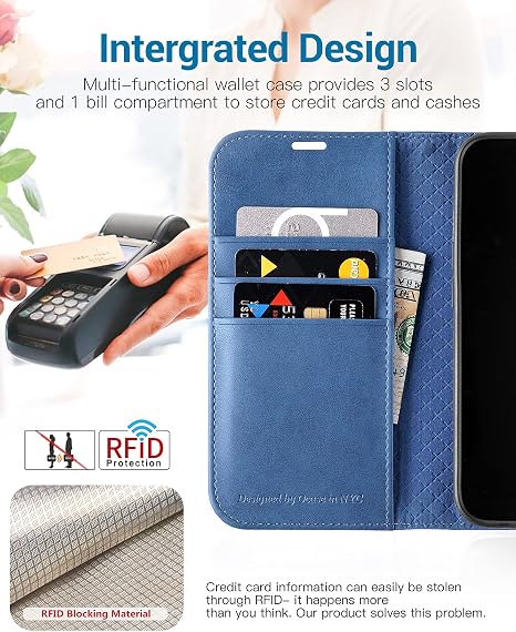Funda Cartera OCASE Retro para iPhone 13 — Bloqueo RFID, Soporte, TPU Antigolpes, Cuero PU Flip, Azul (6.1")