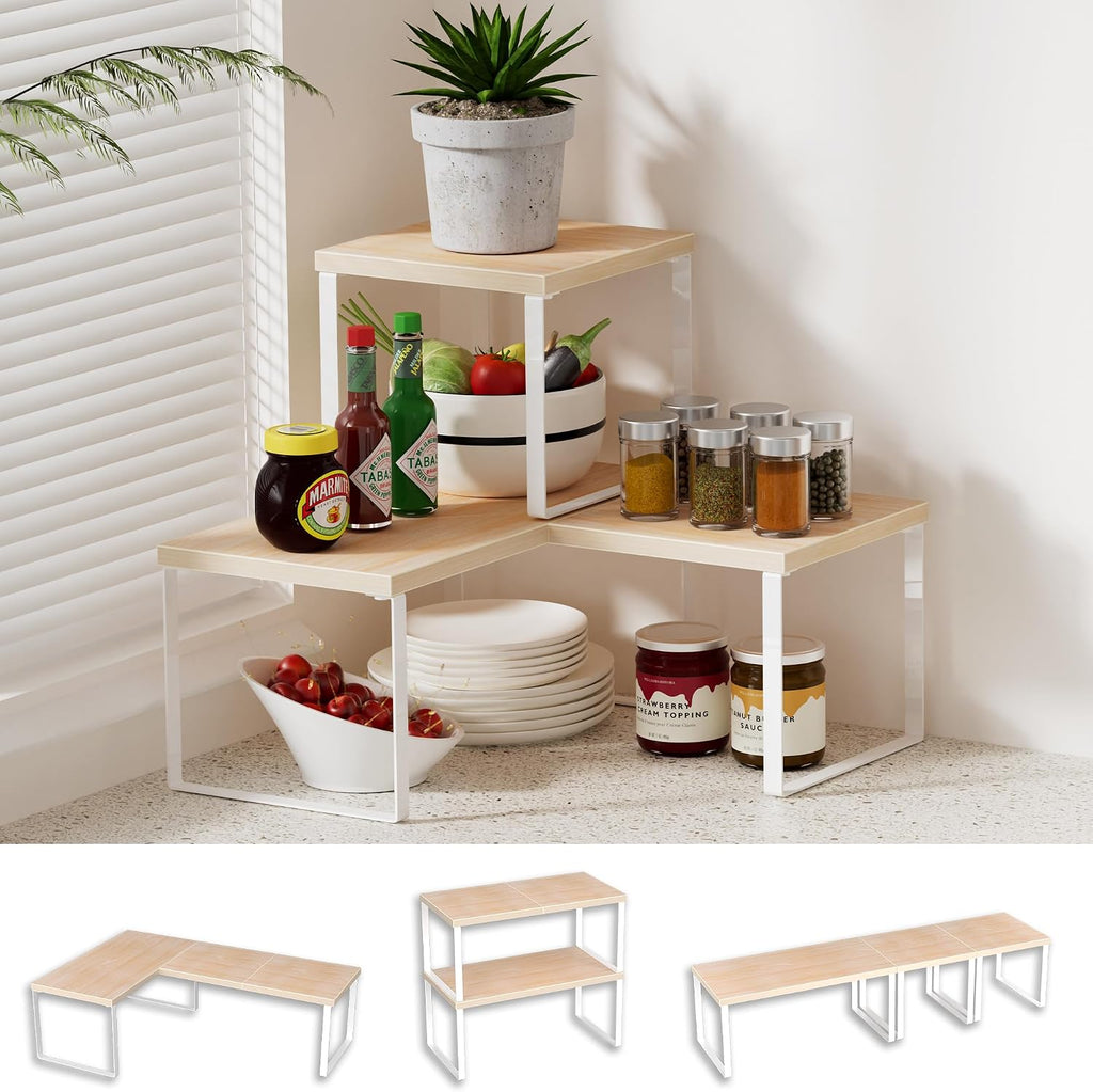 Organizador de Esquina Golener para Cocina y Baño | Estante Esquinero de 2 Niveles Apilable y Ajustable | para Especias y Café | Beige Natural