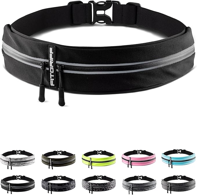 Cinturón deportivo Fitgriff® para hombre y mujer: bolsa segura para llevar el teléfono, las llaves y otros objetos esenciales durante el ejercicio. Compatible con todos los teléfonos móviles (negro, talla de cintura: 85-120 cm).