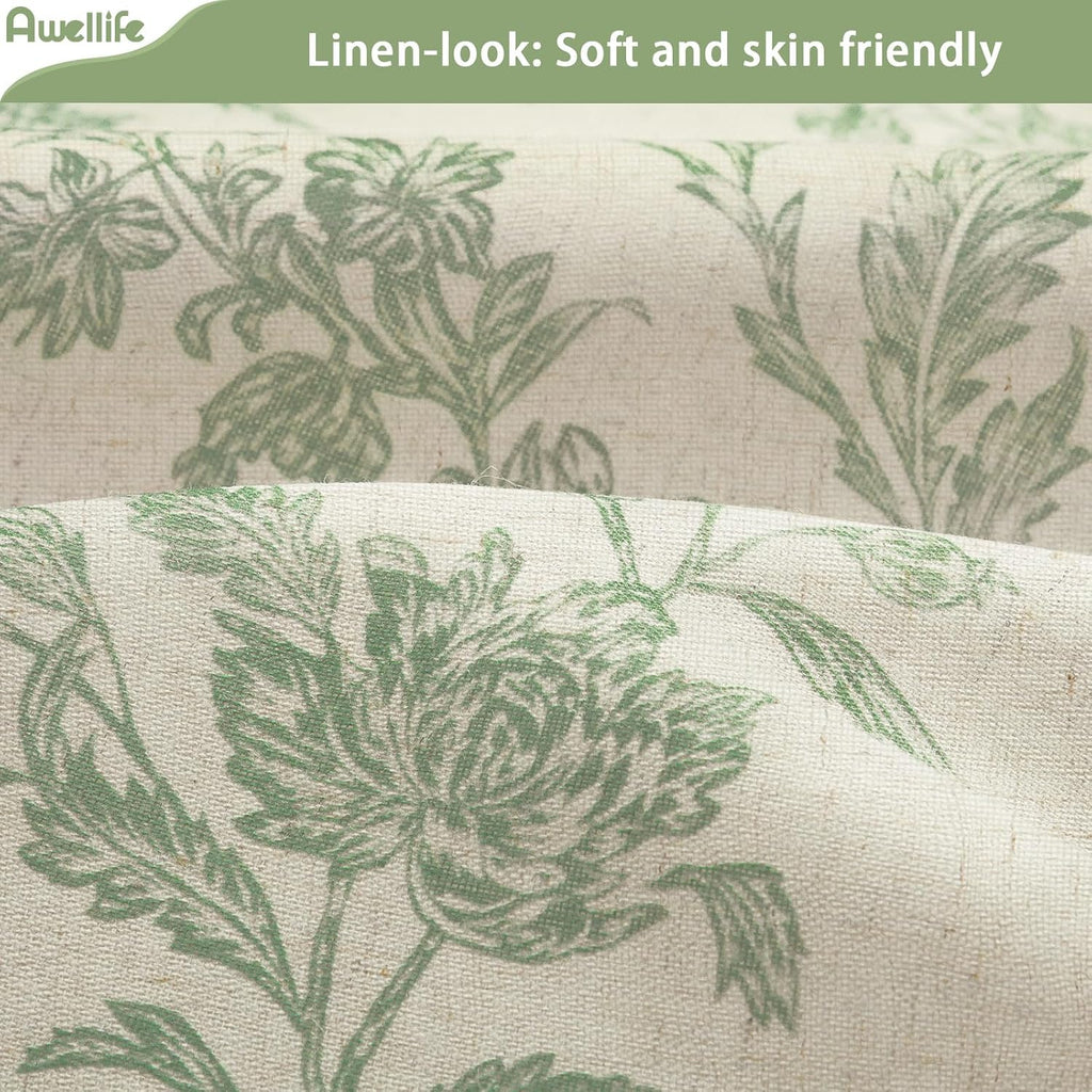 Cortina de ducha de lino beige, algodón verde salvia, cortina de ducha floral para baño