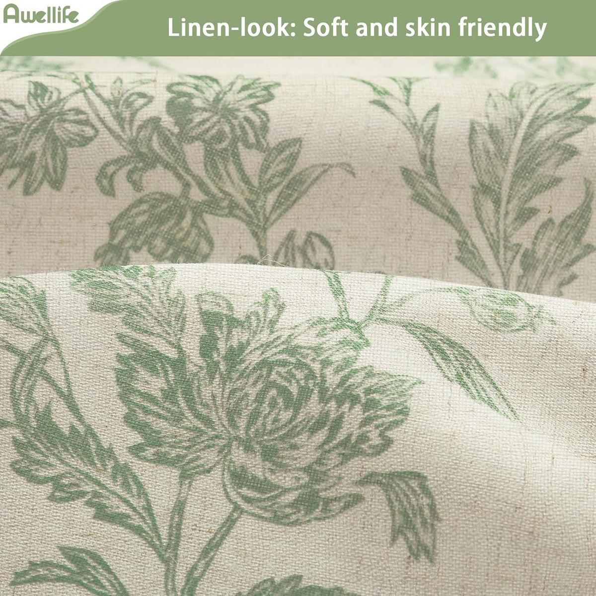 Cortina de ducha de lino beige, algodón verde salvia, cortina de ducha floral para baño