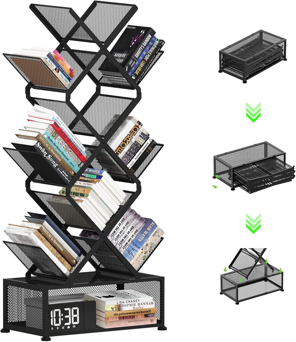 Estantería Gintan de 9 niveles que ahorra espacio con almacenamiento, estanterías plegables para dormitorio, no requiere instalación, estantería metálica tipo árbol para sala de estar, estudio, oficina en casa, dormitorio (Negro)