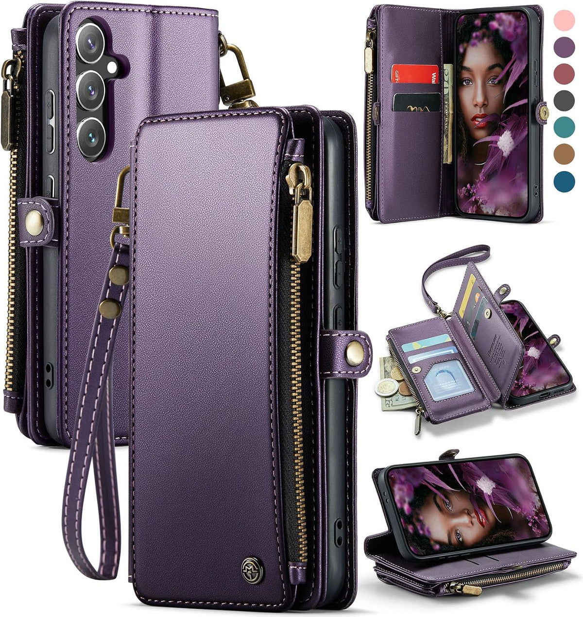 Funda Cartera Defencase para Samsung Galaxy S24 6.2" – Piel Sintética, Bloqueo RFID, Cierre Magnético y Cremallera | Para Hombres y Mujeres | Morado