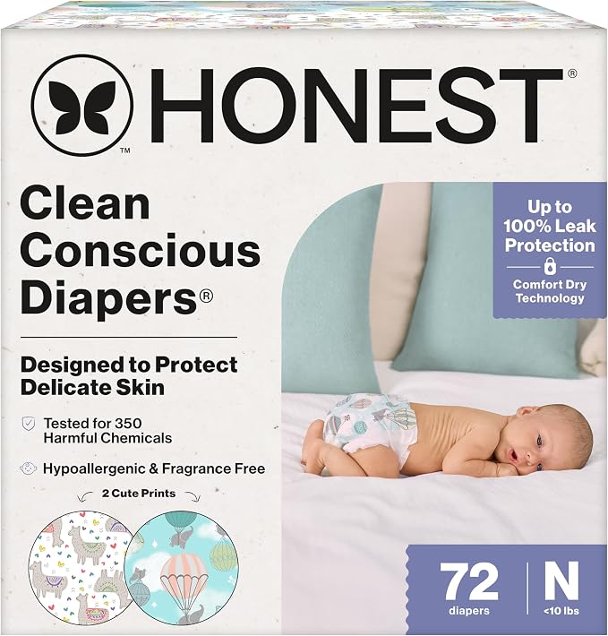 The Honest Company Clean Conscious - Pañales para pieles delicadas, hasta un 100% a prueba de fugas, hipoalergénicos, estampados de género neutro, caja Club, tamaño para recién nacido, 72 unidades