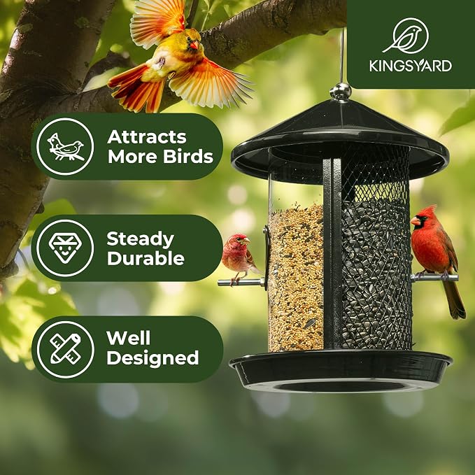 VERDE – Comedero de Pájaros de Metal Kingsyard – Cámara Dual, Capacidad 1.8 kg | A Prueba de Roeduras | Para Colgar en Exterior | Jilguero, Cardenal, Azulejo