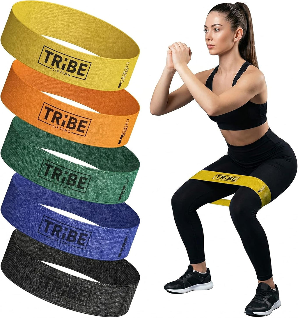 Tribe Lifting Bandas de Resistencia de Tela para Ejercicio, Set de 5 Bandas para Piernas y Gluteos, Booty Bands para Mujer y Hombre, Gruesas para Fisioterapia