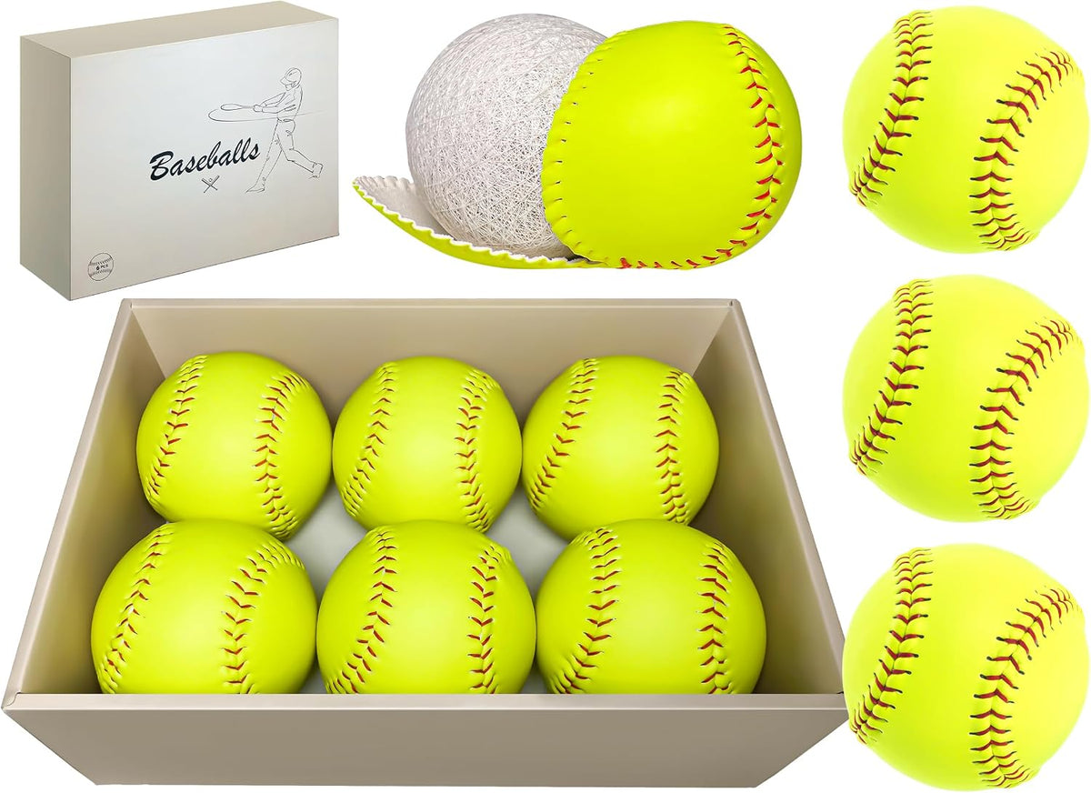 HANKLENSS Paquete de 6 pelotas de sóftbol para práctica deportiva - 12 pulgadas, tamaño y peso oficiales, sóftbol de lanzamiento lento, sin marcas y con cubierta de cuero, para juegos, práctica y entrenamiento, color amarillo.
