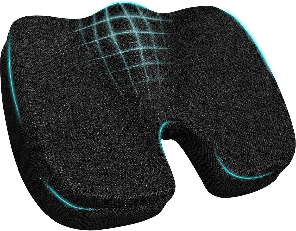 Cojín ergonómico Rongyman con espuma viscoelástica para silla de oficina, asiento de coche, cojín antideslizante, alivio para la ciática y el coxis, funda de malla transpirable, asa portátil - Negro