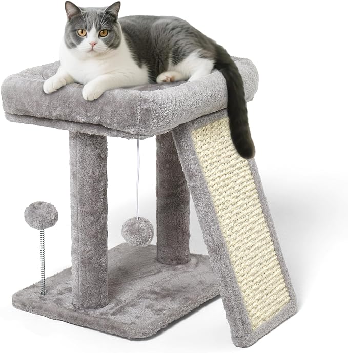 Torre pequeña de árbol para gatos de 43.4 cm con poste rascador para gatos de interior, gris claro