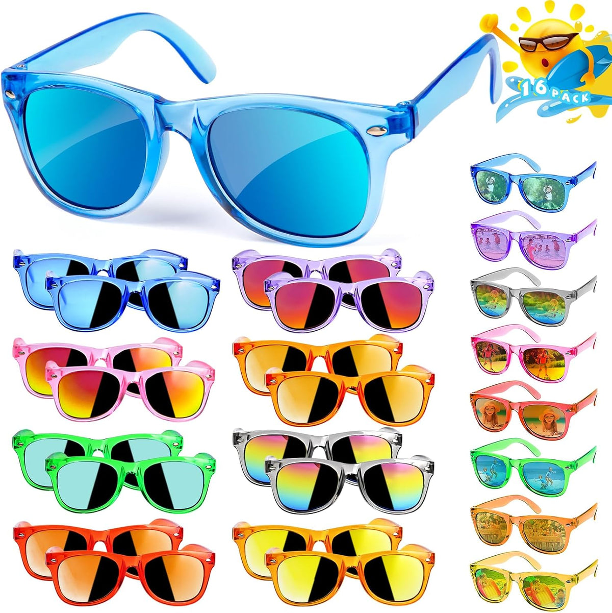 Gafas de sol para niños y niñas de 3 a 8 años con protección UV 400, 16 paquetes de lentes de sol neón para fiestas infantiles