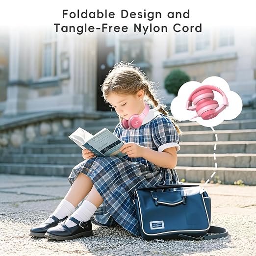Auriculares con cable Candy Bila para niños con micrófono, limitador de volumen de 85/94 dB, para niñas y niños, color rosa claro.