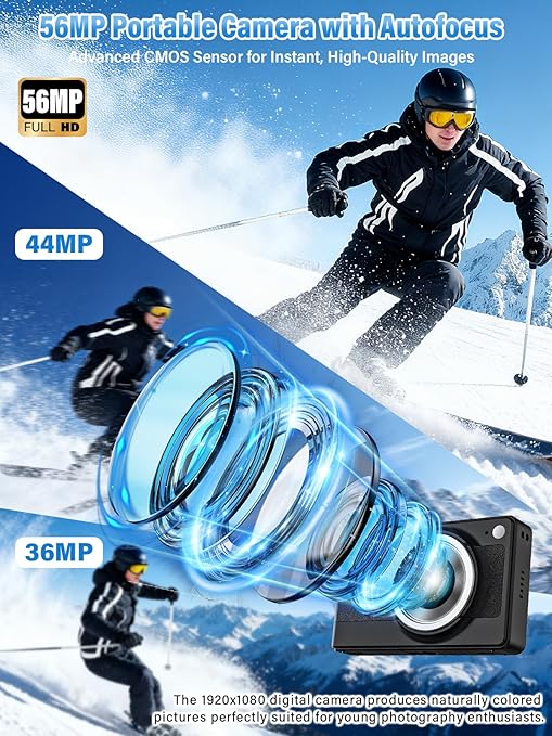 Cámara Digital para Niños 56MP FHD 1080P – Zoom 16x, Antivibrador, Tarjeta 32GB y Batería Incluida (Negro)