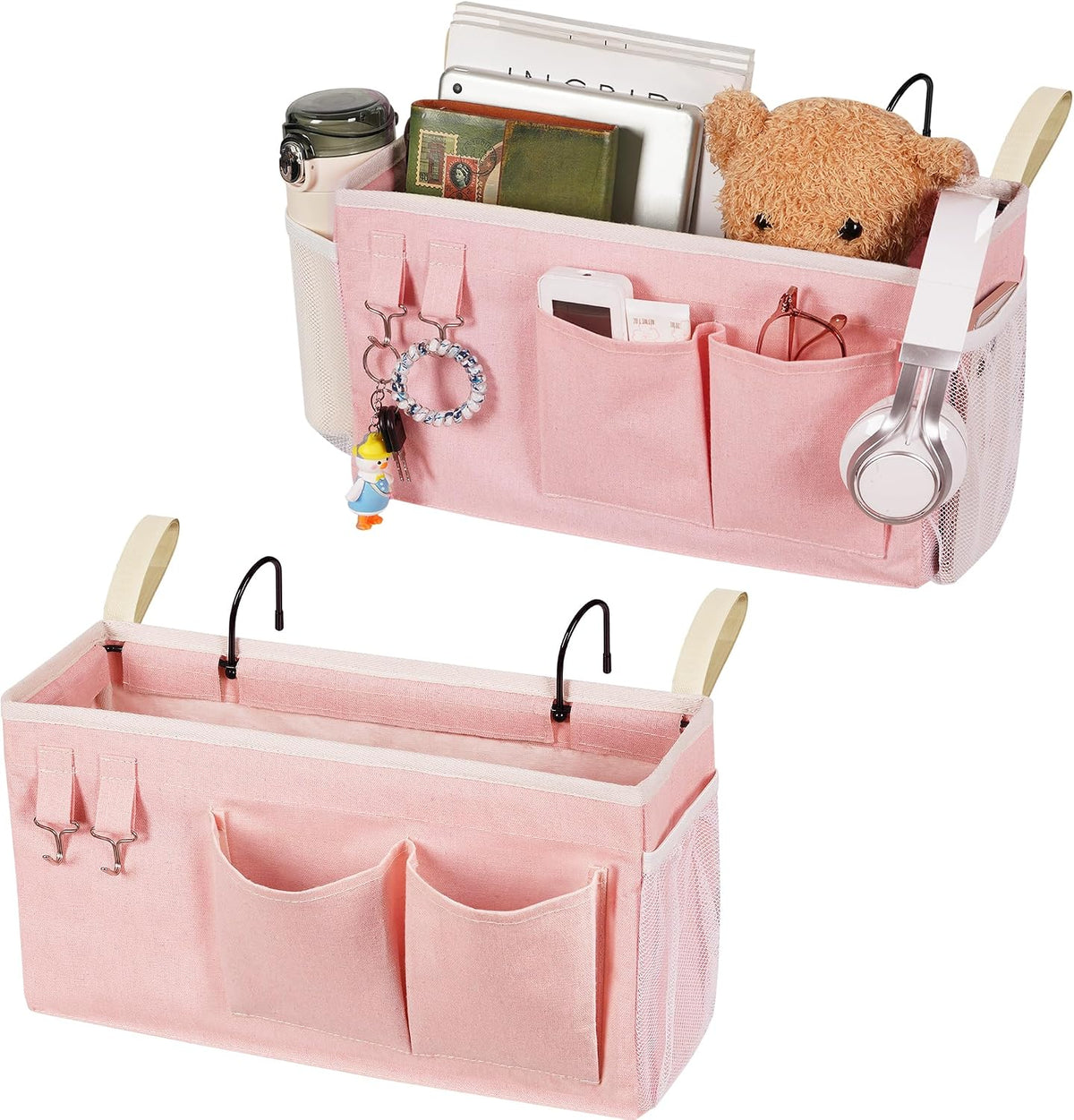 Organizador colgante Loghot para mesita de noche/bolsa de almacenamiento para literas y camas de hospital, barandillas de cama para dormitorios universitarios. Permite colocar gafas, libros, teléfonos móviles y llaves (2 unidades, color rosa).