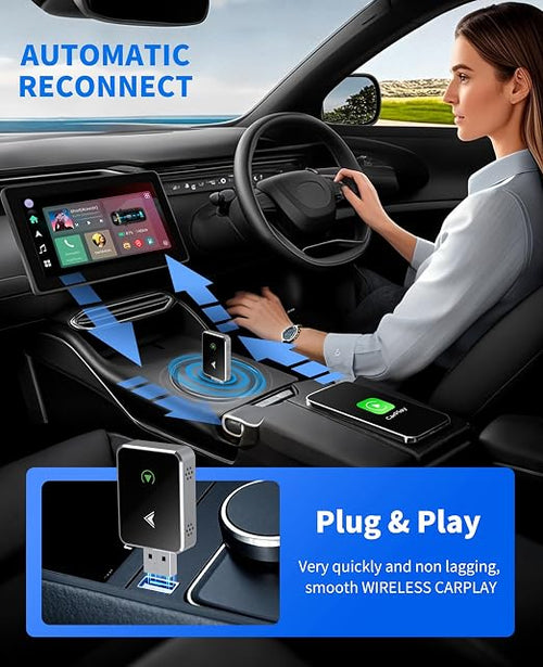 Adaptador Inalámbrico CarPlay 2025 — 2 en 1 Mini, CarPlay y Android Auto, USB y Type-C, Plug & Play