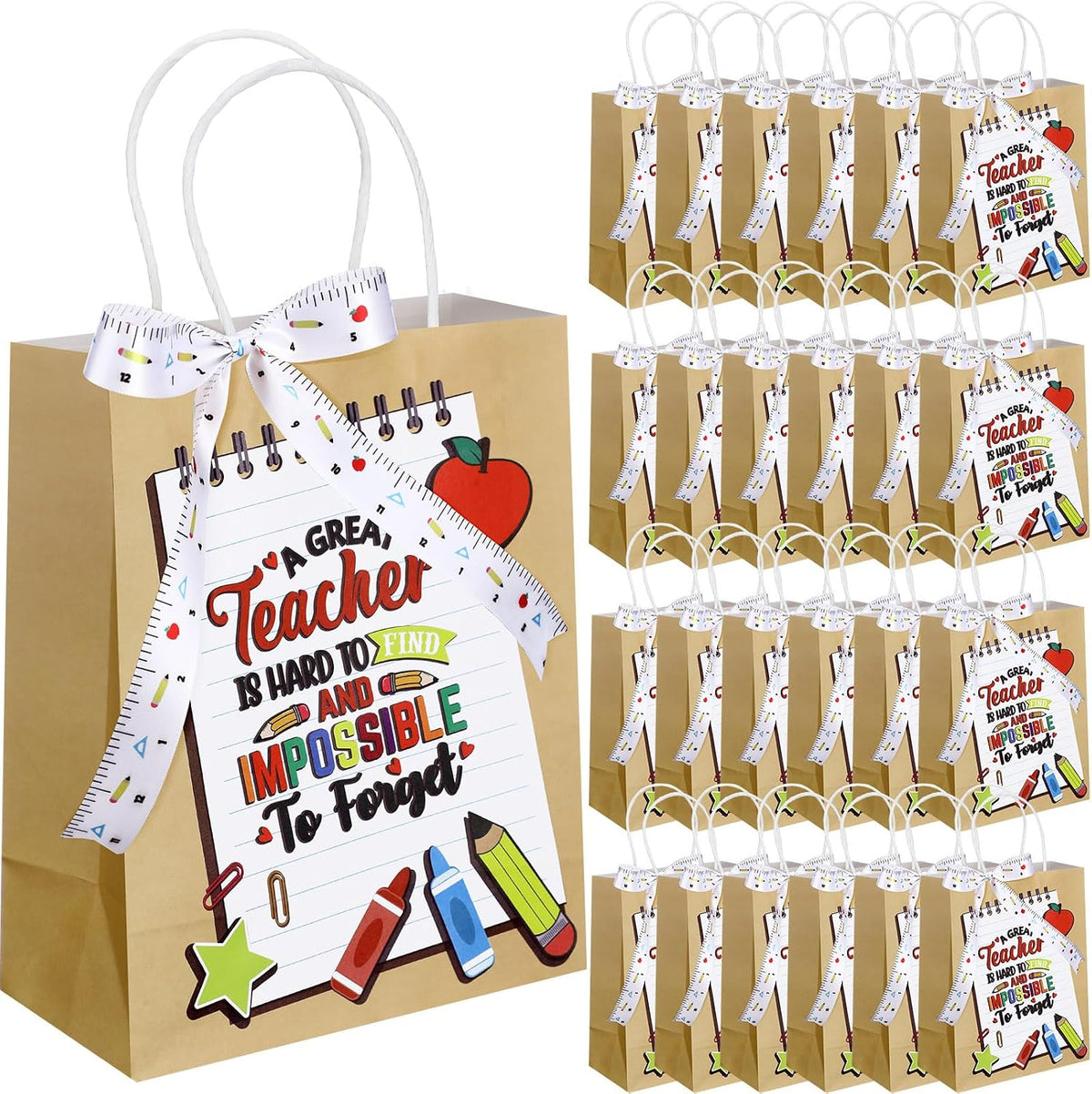 Kolldenn 21 Bolsas de Regalo para Maestros con Cinta, Bolsas de Papel Kraft de 27 cm x 21 cm x 11 cm con Asa para Graduación, Jubilación, Día de Agradecimiento, Fin de Año Escolar
