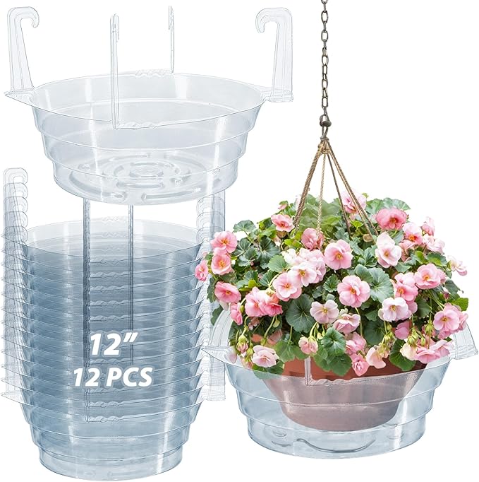 Paquete de 12 bandejas colectoras de agua para plantas, platillos transparentes de 12 pulgadas para macetas y macetas colgantes, accesorios de riego automático para interiores para cestas