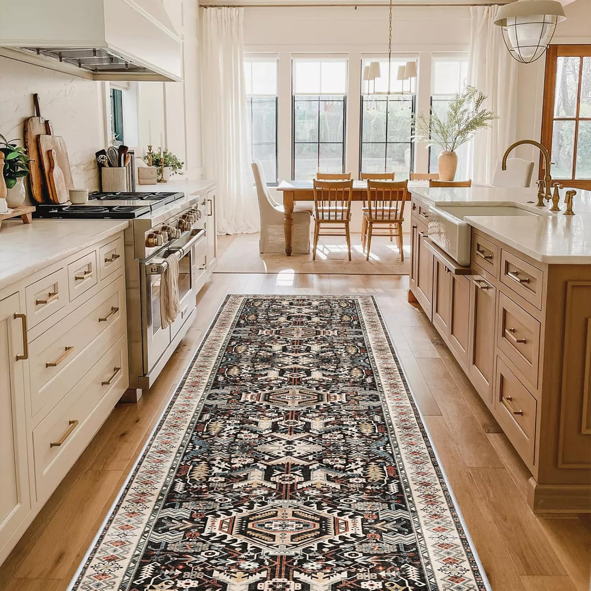 Alfombra Runner Lavable y Antideslizante 2'6"x12' Estilo Vintage – Base de Caucho para Cocina, Pasillo, Entrada y Baño, Negro