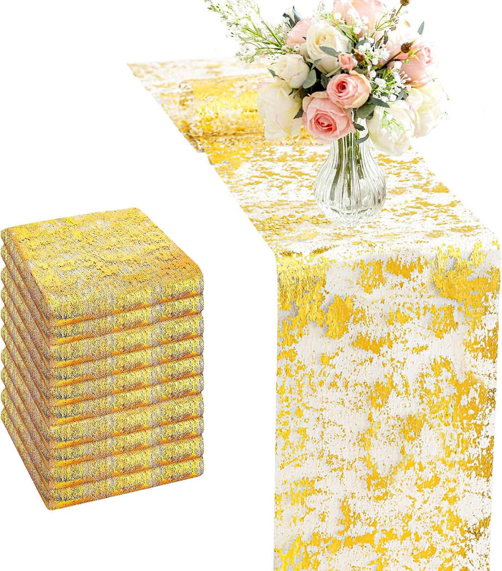 10 rollos de camino de mesa dorados – 11x84 pulgadas, malla metálica brillante, decoración para fiestas, bodas, días festivos, mesas de comedor, caminos de mesa brillantes (dorados, 10 piezas)