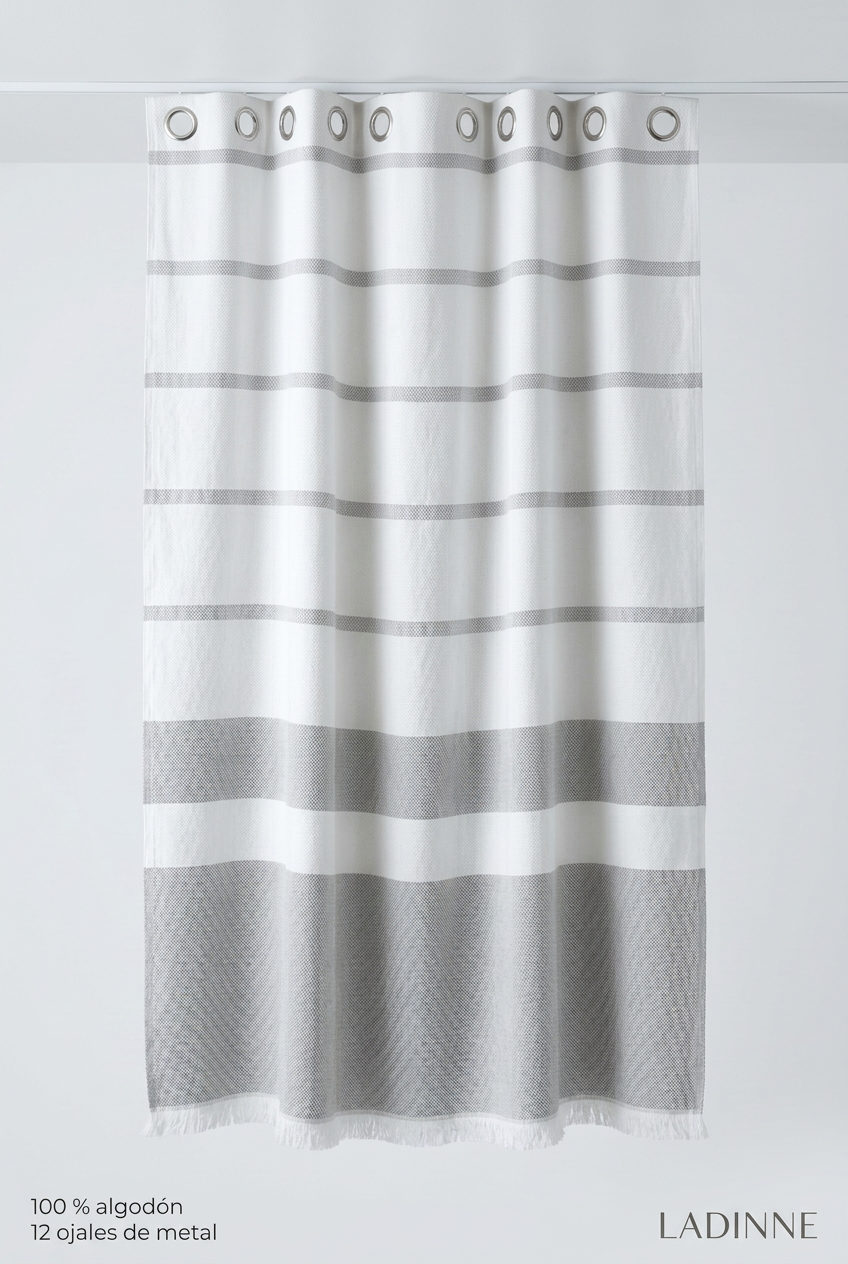 Panel textil Ladinne blanco con rayas grises, 100 % algodón y 12 ojales metálicos