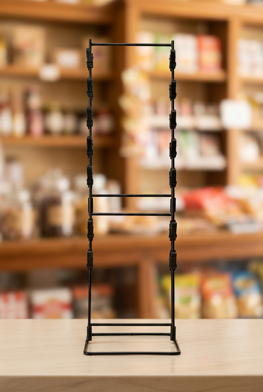 Exhibidor negro para colgar productos en pulperías y organizar la mercadería