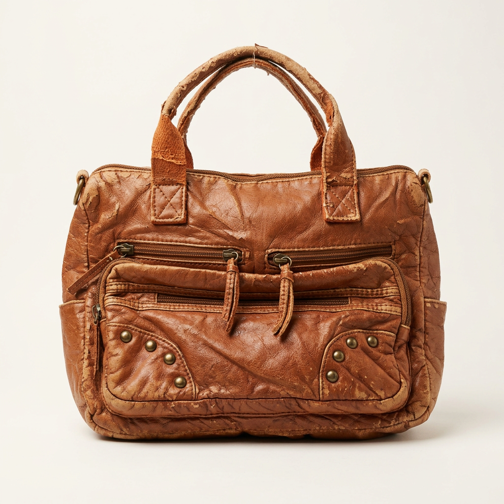Bolso café con desgaste visible, doble asa y bolsillos con cremallera