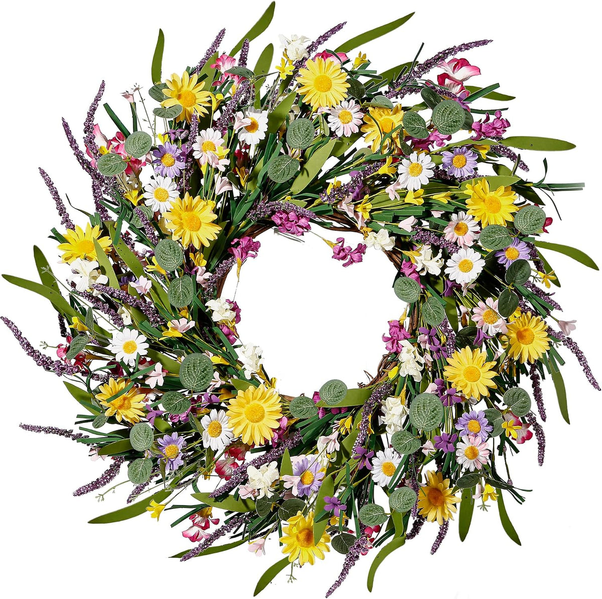 Corona de margaritas y lavanda Sggvecsy, 24 coronas de flores silvestres artificiales de primavera y verano, de seda, para puerta principal, hogar, pared, bodas, festivales, decoración rústica y navideña.