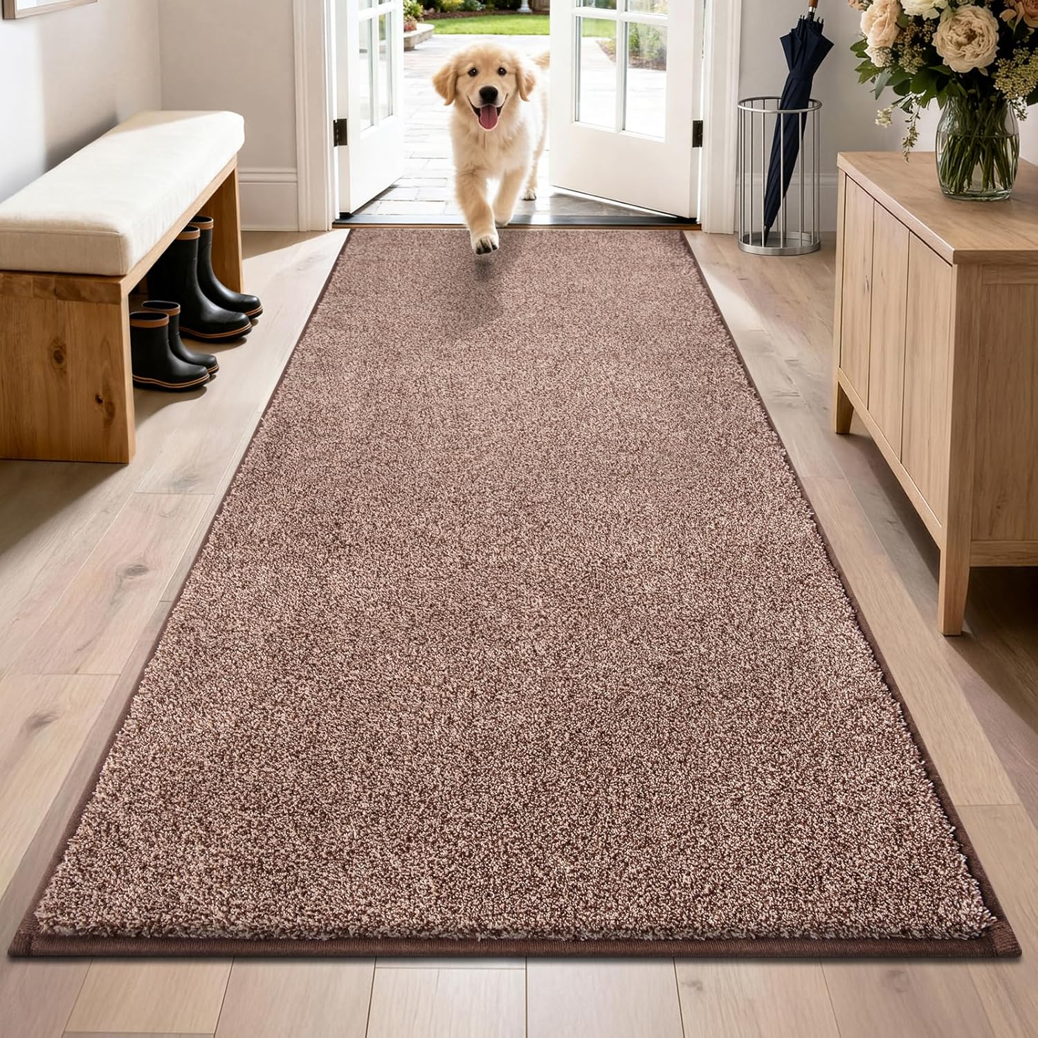 Felpudo PURRUGS de 80 x 180 cm, antideslizante, lavable a máquina, para entrada, para perro, para interior, superabsorbente, para zapatos y patas embarradas, color marrón-crema claro 