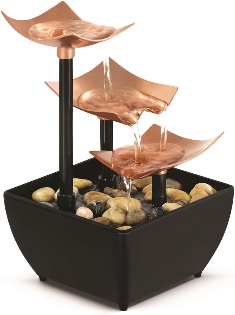 USADO-Homedics Fuente de Agua de Mesa | Cascada de Interior de 3 Niveles con Piedras de Rio Naturales | Bomba Silenciosa para Relajacion | Decoracion Zen para Casa u Oficina | Funciona con Pilas AA