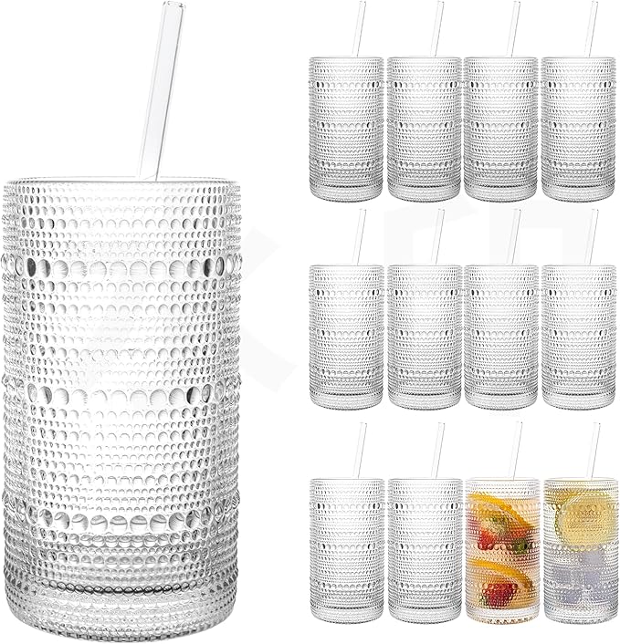 Set de 12 Vasos Vintage Hobnail Dingerjar — 480 ml (16 oz), Vidrio Grueso Estilo Retro