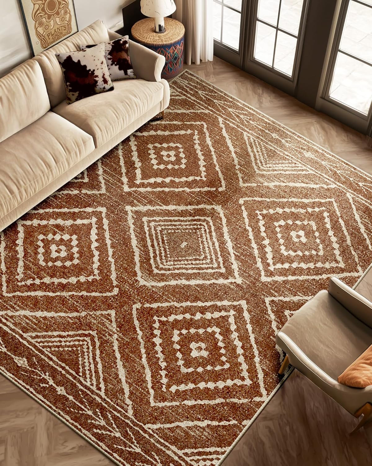 Alfombra 8x10 Lavable a Máquina | Antideslizante de Pelo Bajo | Estampado Estilo Western Tribal | Para Sala, Recámara y Entrada | Amarillo/Crema