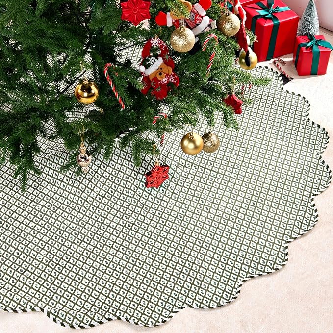 Falda de árbol de Navidad de 45 pulgadas, falda de árbol de Navidad con estampado floral a cuadros verdes vintage con borde festoneado, falda clásica de árbol de Navidad para fiesta de Navidad