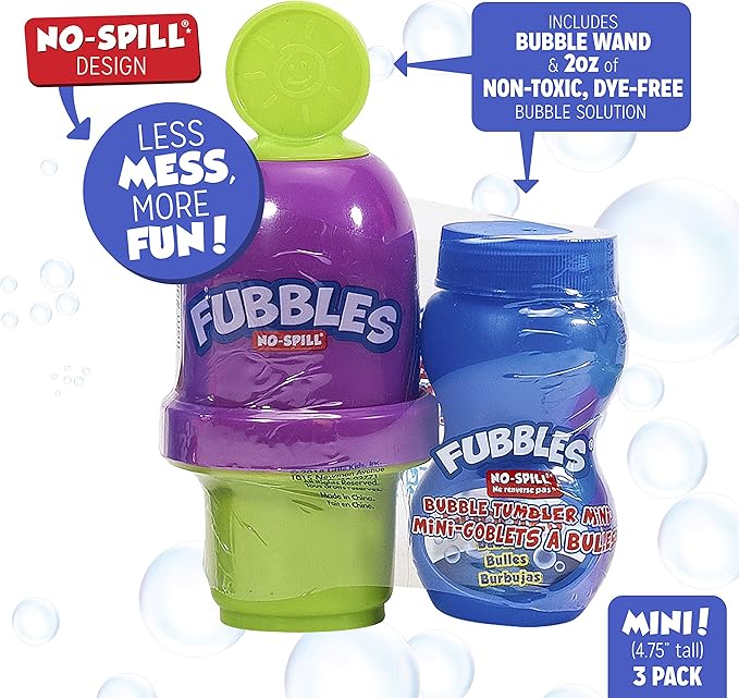 Fubbles Bubbles - Vaso de Burbujas sin derrames | Juguete de Burbujas para bebés y niños | Incluye solución de Burbujas de 6 onzas y Varita de Burbujas (los Colores del Vaso Pueden Variar)