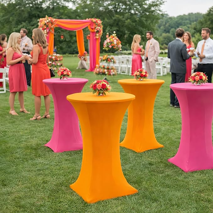 Moukeren Paquete de 4 manteles de color rosa y naranja para decoración de fiesta de cóctel, color rosa intenso y naranja, Highboy de elastano, redondos, elásticos, de 32 x 43 pulgadas, para decoración